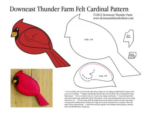 Free Simple Felt Ornament Patterns | Felt Cardinal on a Snowy Afternoon | Downeast Thunder Farm Felt Patterns Free, Origami Parrot, Felt Birds Ornaments, Felt Ornaments Patterns, Penny Rug, Bird Crafts, Felt Pattern, Bird Pattern, Christmas Ornament Pattern