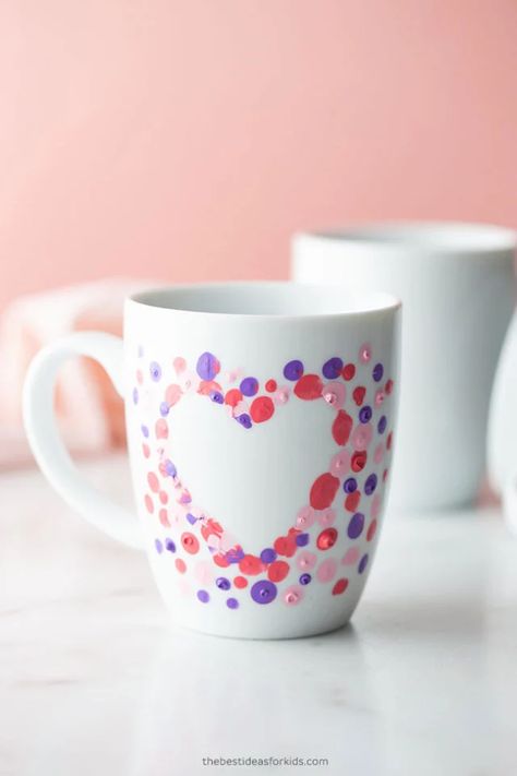 Fingerprint Mug DIY Craft Mothers Day Crafts Preschool, Fingerprint Heart, Easy Mother's Day Crafts, Diy Mother's Day Crafts, Mother's Day Activities, Mug Crafts, Valentine Crafts For Kids, Toddler Valentines, Heart Card