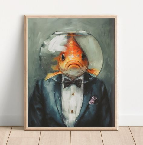 Grumpy Fish Animal Head Human Body Masculine Wall Art Fine - Etsy New Zealand Fish Head Drawing, Fish People Art, Fish Head, Funny Fish Paintings, Weird Fish Drawing, Fish Head Painting, Masculine Wall Art, Human Legs, Human Body Drawing