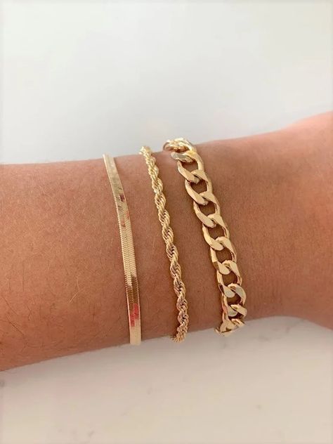 18K Gold Filled Bracelet Trio, 3MM Herringbone Bracelet, Rope Bracelet, Cuban Bracelet, Statement Bracelets, Arm Party - Etsy Bracelet Trio, Statement Bracelets, Gold Bracelets Stacked, Bracelet Rope, Herringbone Bracelet, Cuban Bracelet, Gold Bracelet Set, Wrist Jewelry, Jewelry Accessories Ideas