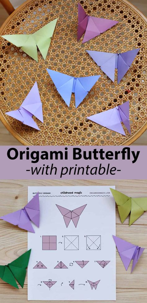 Easy Origami Butterfly - Childhood Magic Free Origami Printables, Papercraft Printable Free Paper Models, Origami Butterfly Instructions, Origami Butterfly Easy, Easy Origami For Kids, Butterflies Activities, Beautiful Origami, Kids Origami, Book Displays