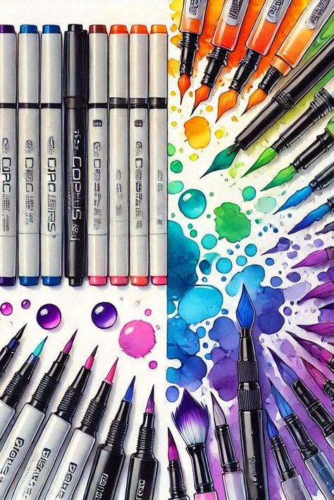 A colorful comparison of Copic markers and watercolor brush pens, showcasing vibrant colors and artistic tools arranged on a bright background, emphasizing the topic "Copic Markers vs Watercolor Brush Pens." Watercolor Brush Pens Art, Arteza Watercolor Brush Pens, Watercolor Marker Art, Arteza Watercolor, Blending Markers, Drawing Utensils, Watercolor Brush Pens, Blending Techniques, Watercolor Markers