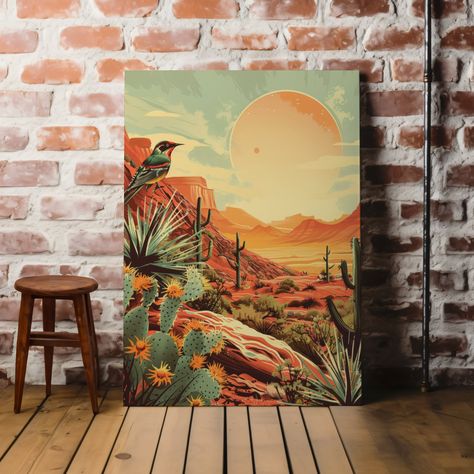 Introducing our Desert Sunset Art print. Bring the breathtaking beauty of the Southwest into your space with this museum-quality desert landscape canvas wrap. Featuring a vibrant desert scene with detailed cactus plants and a stunning sunset, this canvas print is perfect for adding a touch of nature's serenity to your home or office decor. 🌵 High-quality museum-grade canvas wrap for vivid and long-lasting colors. 🎨 Features a captivating desert landscape with lush cactus details and a stunning Arizona Inspired Bedroom, Mid Century Southwest Decor, Boho Southwest Decor, Living Room Painting Ideas, Western Apartment, Desert Sunset Art, Modern Southwest Decor, Landscape Cactus, Desert Landscape Art