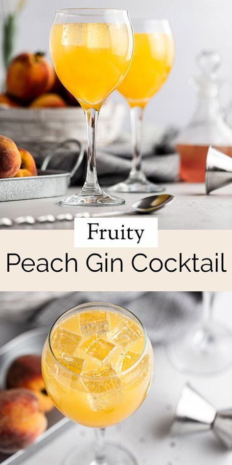 This fruity, peach gin cocktail is the best way to use up your leftover peaches. Fresh peach syrup gives this drink an intense peach flavor that pairs so well with a very slight taste of gin. With a dash of club soda for a bit of fizz, this is the perfect end-of-summer and start-of-fall cocktail. Cocktails With Peach Syrup, Peach Syrup Cocktail, Peach Juice Cocktail, Peach Gin Cocktail, Leftover Peaches, Gin Mixed Drinks, Easy Gin Cocktails, Classic Gin Cocktails, Nerdy Nummies