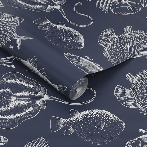 Into the Deep Navy is a fun design, that transports you to the depths of the ocean! The detailed illustrative drawings of this design give it an overall sophisticated feel! Not to forget the Antibacterial technologies that the wallpaper is printed with to help stop the spread of bacteria around your home. Sea Life Wallpaper, Deep Wallpaper, Modern Nautical, Downstairs Toilet, Navy Wallpaper, Fish Wallpaper, Graham & Brown, How To Make Paper Flowers, Wallpaper Direct