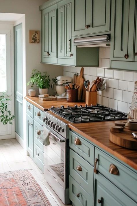 "Add a splash of color to your kitchen with DIY Painted Cabinets! 🛠️🎨 A great way to refresh and revitalize your cooking space. 🌿✨ #DIYKitchenInspiration #PaintedCabinetsIdeas #HomeStyling" Painted Cabinets Butcher Block Counter, Cabinet Paint Before And After, Painted Vintage Cabinets Kitchen, Farmhouse Kitchen With Painted Cabinets, Kitchen Cabinet Refresh, Kitchen Cabinet Redo, Fun Kitchen Cabinets, Colorful Kitchen Wood Cabinets, Kitchen Ideas Painted Cabinets