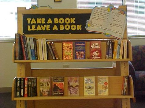 Book Swap Library, Book Swap Display, Community Cafe Ideas, Book Swap Ideas, Book Sale Display Ideas, Book Cafe Ideas, Noticeboard Ideas, Picky Bits, Cat Library