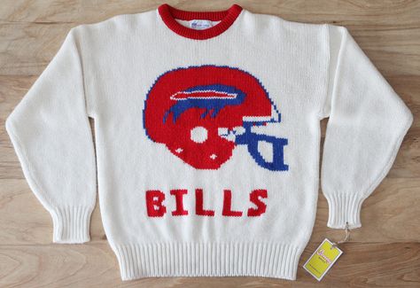 Vintage 90's Buffalo Bills Cliff Engle Knit Football Helmet Sweater SZ M 80s Sport, New York Top, Vintage Sportswear, Football Helmet, Clothing Mockup, Buffalo Bills, Empire State, Vintage Tshirts, Vintage Shops