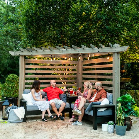 Cooler nights + warmer lights make our Catalina Cabana Pergola awesome for autumn. #backyardfurntiure #outdoorfurniture #gardengoals #backyardgoals #cabana #pergola #luxurylifestyle Cabana Pergola, Pergola Bench Seating, Mini Fence For Garden, Pergola Corner, Half Pergola Ideas, Pergola Patio Corner, Small Corner Pergola Ideas, Diy Corner Pergola, Backyard Corner Pergola Ideas