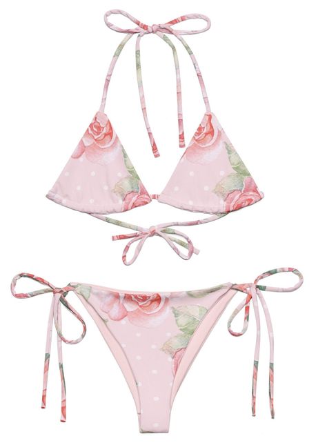 Stay comfortable and stylish all summer with this All-Over Print Recycled String Bikini set. It's made from soft recycled polyester with double-layering and UPF 50+. Style the straps how you like, and get ready to swim!  * Soft and stretchy material with UPF 50+ * Sizes up to 6XL * Bikini top comes with removable padding for comfort * Multiple ways to tie and style the bikini set Disclaimers:  * Due to the 2-layered construction and internal stitching, a visible stitch may appear in the crotch s Fairy Gown, Swimsuit Floral, Boho Swimwear, Cute Swimsuits, Cute Bikinis, Swimsuit Set, Beach Wears, Beach Wear, Resort Wear