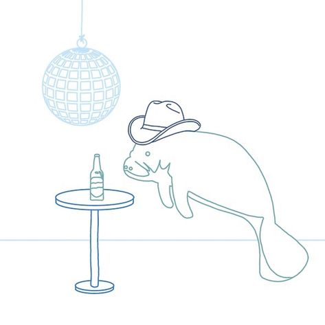 this digital line drawing shows a simple image of a manatee floating next to a table with a drink under a disco ball in varying shades of blue Manatee Embroidery, Manatee Drawing, Cowboy Hat Drawing, Simple Graphic, Easy Doodles Drawings, Simple Doodles, Doodle Drawings, Embroidery Inspiration, Line Drawing