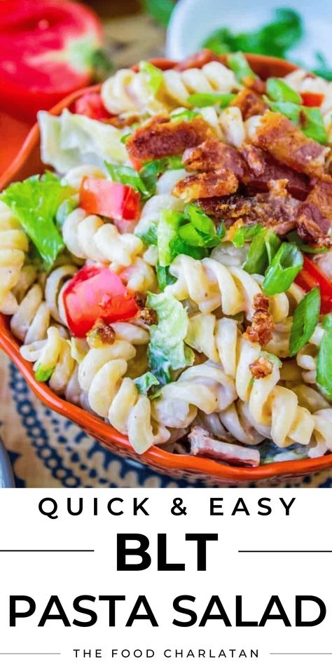 Easy BLT Pasta Salad from The Food Charlatan. This 30-minute no-brainer side dish is perfect to throw together right before the potluck! And I promise you, there will be NO leftovers. Bacon, lettuce, and tomato have never been so right together. Add some grilled or rotisserie chicken or shrimp to make it a quick dinner. It's ideal for Memorial Day, BBQs, picnics, potlucks, lunches, Father's Day, and anyone who wants another way to eat the already perfect BLT. Blt Salad With Pasta, Deli Macaroni Salad Recipe, Easy Blt Pasta Salad, Bacon Pasta Salad Recipes, Healthy Blt, Blt Pasta Salad Recipe, Perfect Blt, Bacon Pasta Salad, Blt Pasta Salad