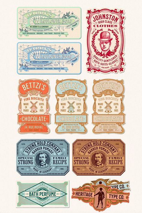 Nostalgic Font and Label Collection on Behance Popular Fonts, Vintage Packaging, Font Inspiration, Branding Inspo, Packaging Labels Design, Palm Oil Free Products, Vintage Typography, Vintage Fonts, Label Templates