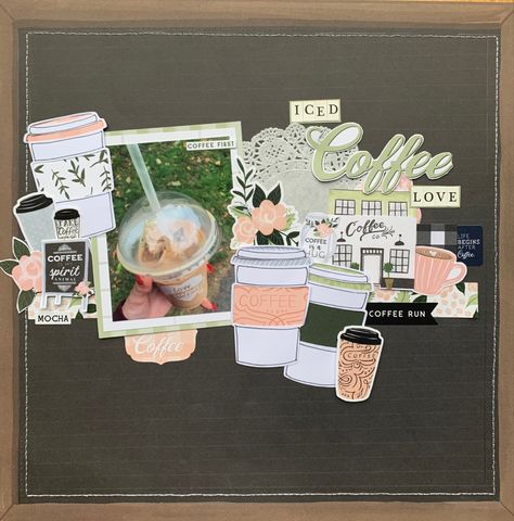 Scrapbook layout all about coffee love #scrapbooking #scrapbook #echoparkpaper #coffeeandfriends #coffee&friends Coffee Scrapbook Layout, Coffee Scrapbook Ideas, Coffee Scrapbook, Echo Park Layouts, Pretty Scrapbook, Coffee Friends, 12x12 Scrapbook Layouts, Scrapping Ideas, Paper Layout