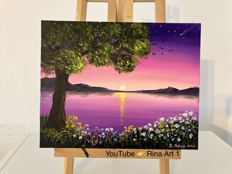 Full Video on my YouTube Channel 👉Rina Art 1 Flowers Acrylic Painting, Anime Canvas Painting, Sunset Flowers, Christmas Easy, Landscape Painting Tutorial, Flowers Acrylic, Christmas Paintings On Canvas, Sketch Portrait, Small Canvas Paintings