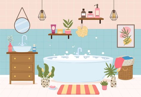 Cartoon Bathroom Ideas, Bathroom Illustration Drawing, Bathroom Clipart, Bathroom Illustration, Bathroom Drawing, Gnomes Book, Cosy Bathroom, Plants Vector, Cartoon Bathroom