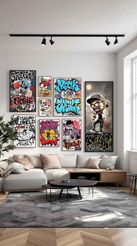 Street Style Room Ideas Graffiti Interior Wall, Style Room Ideas, Graffiti Bedroom, Street Style Room, Bold Street Style, Art Gallery Ideas, Urban Bedroom, Modern Art Gallery, Minimal Furniture