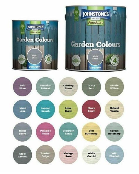 DIY-DIRECT Our eBay Store About Us Contact Us Add to Favorite Sellers Johnstones Woodcare Garden Colours Paint - All Sizes - All Colours Johnstones Woodcare Garden Colours Paint Product Details Johnstone’s Woodcare Garden Colours is a fade resisting smooth and rich coloured paint for exterior wood. The easy to apply formulation provides a beautiful layer of long lasting colour, without losing the natural grain of the wood. It will colour and protect most types of garden furniture including sheds, fences, arbours, summer houses, trellis, tables and chairs. *Please note that some colours are not avaliable in all sizes FEATURES: Fade resisting Easy to apply long lasting colour and protection Coverage - 12m/2 per Litre Dry Time - 2 Hour Any Questions Please Contact Our Customer Service Team Garden Shed Colours Ideas, Garden Fence Colours Ideas, Painted Fence Ideas Colour, Fence Colour Ideas, Garden Shed Colours, Garden Fence Colours, Shed Paint Colours, Fence Paint Colours, Scottish Garden