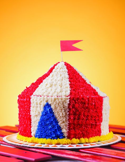 Carnival Cake Ideas, Tent Cake, Carnival Birthday Cakes, Carnival Cake, Carnival Cakes, Cake Leveler, Cake Recipes At Home, Circus Cake, Blue Icing