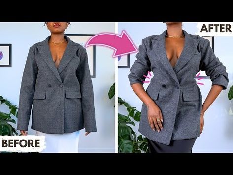 Oversized to FITTED Blazer in MINUTES (No-Sew + Sew Hacks) - YouTube How To Tailor A Blazer, Blazer Upcycle, Easy Thrift Flip, Sew Hacks, Cut Blazer, Oversized Vest, Thrift Flip, Vest Blazer, Tailored Blazer