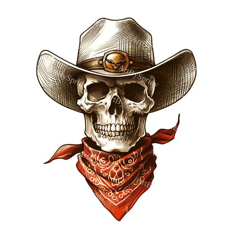 Cowboy Skull, Skull Clipart, Png Art, Chapeau Cowboy, Red Bandana, Clipart Design, Cow Boy, Sublimation Png, Western Cowboy