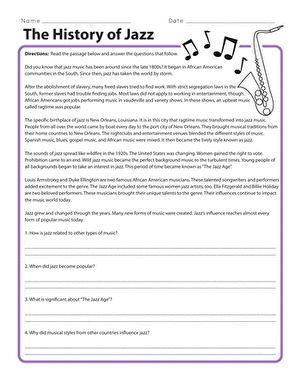 History of Jazz | Worksheet | Education.com Music History Worksheets, 3rd Grade Music, Dance Teacher Tools, I Am Jazz, History Of Dance, History Worksheets, Music Lesson Plans, Music Worksheets, Elementary Music Classroom