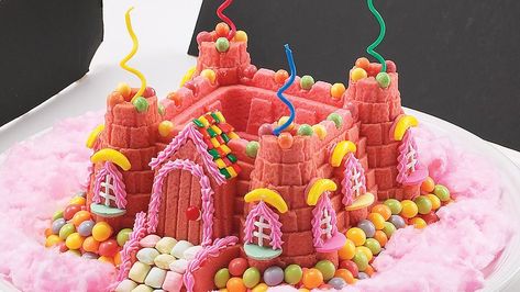 Princess Castle Bundt Cake Recipe - BettyCrocker.com Princess Castle Cake, Candy Wafers, Bundt Cake Recipe, Castle Cake, Bundt Cake Pan, Bundt Cakes Recipes, White Cake Mixes, Bundt Pan, Princess Castle