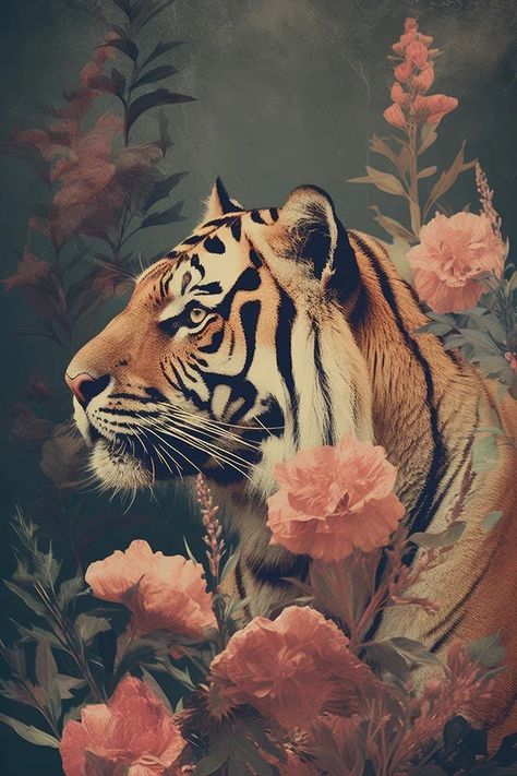 Tiger Art Illustration, Tiger And Flowers, Wild Animal Wallpaper, Tiger Wallpaper, Tiger Love, Tiger Painting, Big Cats Art, Tiger Art, Art Gallery Wallpaper