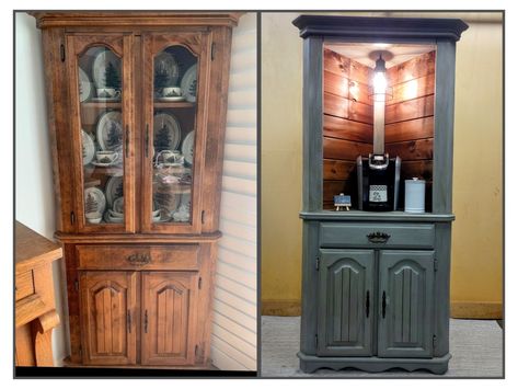 Farmhouse refinished corner cabinet. Distressed or Shabby Chic decor. Reclaimed Corner Cabinet, Corner Cabinet Remake, Corner Cabinet Coffee Station, Corner Coffee Cabinet, Refurbished Corner Cabinet, Refinished Corner Cabinet, Corner Cabinet Upcycle, Corner Cabinet Makeover Ideas, Painted Corner Cabinet Ideas