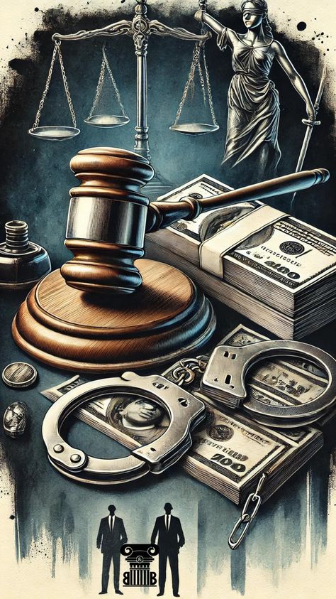 Illustration of justice symbols including a gavel, scales of justice, handcuffs, stacks of money, and Lady Justice, representing the intersection of law, crime, and financial implications in the judicial system Law Of Demand, Delhi High Court, Contract Law, Law Court, Employment Law, Property Rights, Legal System, Book Trailer, Money Laundering