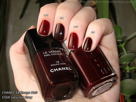 Essie, Lacy Not Racy; Chanel, Rouge Noir; natural light + flash, RN - 2 coats, LnR - 3 coats; without topcoat Chanel Rouge, Red Nail, Dream Nails, Hair Tutorials, Funky Nails, Pretty Acrylic Nails, Nail Paint, Nail Polishes, Swag Nails