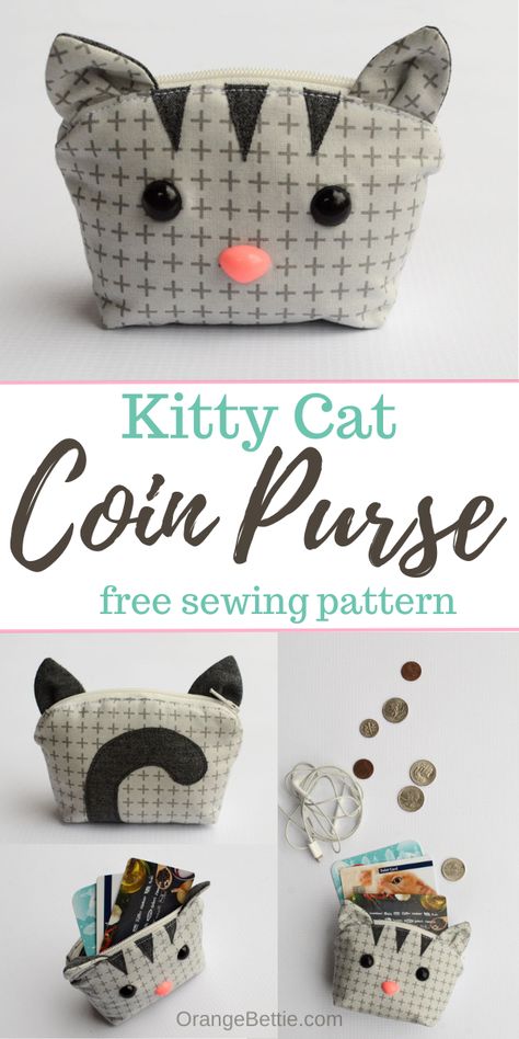 Intermediate Sewing Projects Ideas, Diy Christmas Gifts For Ladies, Coin Pouch Diy Free Pattern, Free Pouch Patterns To Sew, Small Coin Purse Pattern, Cat Zipper Pouch, Cat Coin Purse Pattern, Kids Purse Sewing Pattern, Sew Wallet Pattern Free