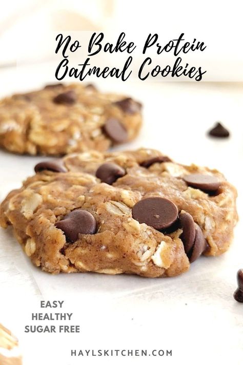 Quick and easy No Bake Protein Oatmeal Cookies studded with sugar free chocolate chips! Healthy no bake oatmeal cookies are without sugar and perfect for a midday snack or dessert. Protein Oatmeal Cookies, Quest Protein Recipes, No Bake Oatmeal Cookies, No Bake Oatmeal, Healthy No Bake, Dessert Alternatives, Protein Baking, Protein Oatmeal, High Protein Desserts