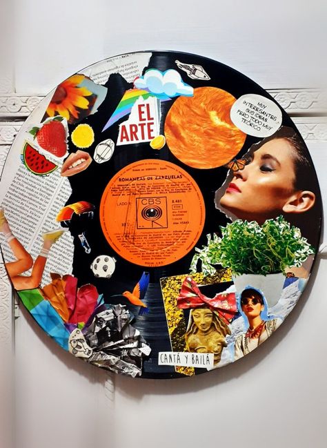 Funky Wall Art Diy, Art On Records, Painting On Records, Record Art Ideas, Lp Painting, Record Collage, Vinyl Collage, Keti Koti, Vinyl Record Art Ideas