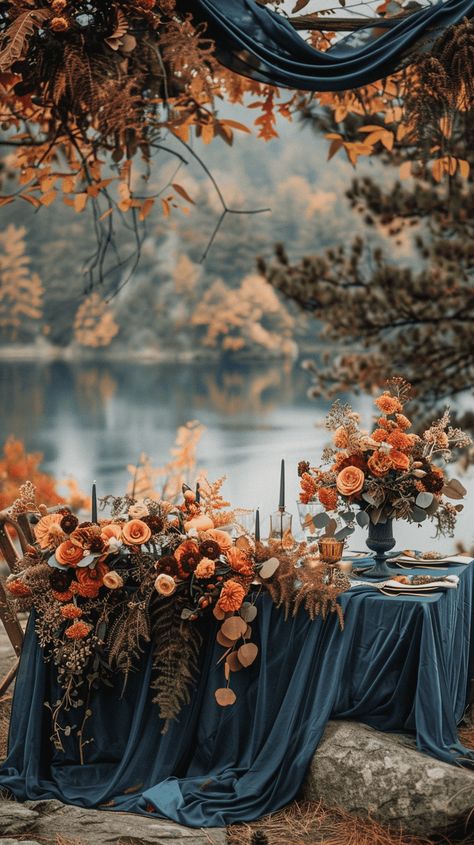 21 Fall Wedding Color Palette Ideas That Aren't Just Orange Aug Wedding Colors, Fall And Blue Wedding, Fall Colors Party Decorations, Wedding Colors Autumn, Rust Colour Wedding Theme, Fall Wedding Woods, Fall Small Wedding, Fall Wedding Dark, Burnt Orange Wedding Palette