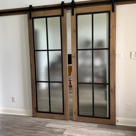 Sliding Barn Doors With Glass, Large Sliding Doors Interior, Modern Barn Doors In The House, Barn Door With Window, Office Doors For Home, Matching Header, Barn Doors With Glass, French Barn Doors, Interior Sliding French Doors