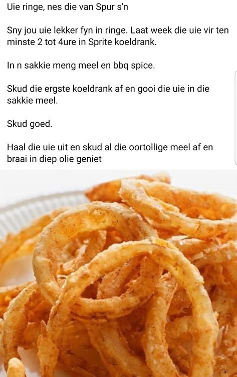 Spur Onion Rings Recipe, South African Recipes Afrikaanse Resepte, African Cooking, Veg Dishes, South African Recipes, Delish Recipes, Cooking Recipes Desserts, Tart Recipes, African Food