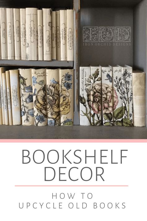 Look no further for a fabulous DIY bookshelf decor idea! So many ways to customize this book craft project to match your home decor style with IOD Transfers and Stamps. Iod Transfers On Books, Antique Book Display Ideas, How To Use Books For Decor, Cover Books For Decor, Decorating With Books Ideas Living Rooms, How To Cover Books With Paper, Vintage Book Display, Covering Books For Decor, Recover Books Diy