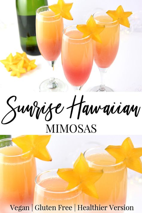 Sunrise Hawaiian Mimosas with star fruit garnish and lower sugar champagne. Hawaiian Brunch Ideas, Beach Brunch Ideas, Fruit For Mimosa Bar, Healthy Mimosa, Easy Mimosa Recipe, Moscato Wine Punch, Hawaiian Brunch, Hawaiian Mimosa, Mimosa Sunrise