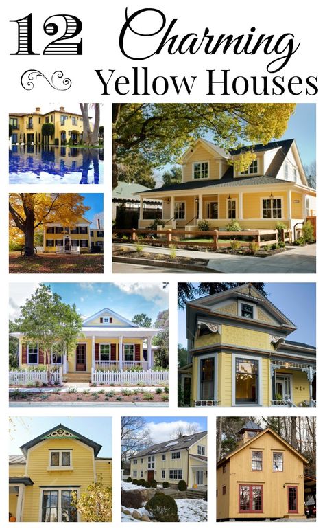 Collection of 12 Charming Yellow Houses. See them all! Yellow House Exterior, Farmhouse Exterior Colors, Yellow Paint Colors, Yellow Cottage, Farmhouse Paint Colors, Exterior House Color, Farmhouse Paint, Yellow House, Grey Houses