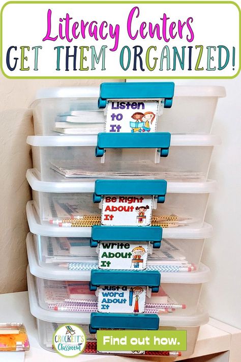 Organization is key to running a smooth and successful literacy block.  When your materials are organized and students know how to maintain the organization you have time to focus on your lessons. Literacy Centers Prek, Classroom Center Organization, Third Grade Literacy Centers, Second Grade Centers, Preschool Literacy Centers, Centers First Grade, Center Organization, Teaching Organization, Literacy Centers Kindergarten