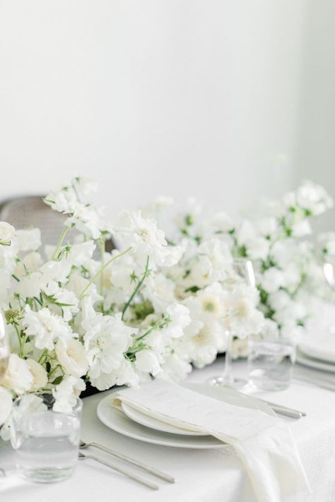 White Floral Runner Wedding, Modern Bridal Flowers, Long Floral Centerpiece Wedding, Franklin Plaza Wedding, Whimsical White Wedding Flowers, White Delphinium Wedding, White Flower Table Runner, White Flower Centerpieces Wedding, White Wedding Flowers Reception