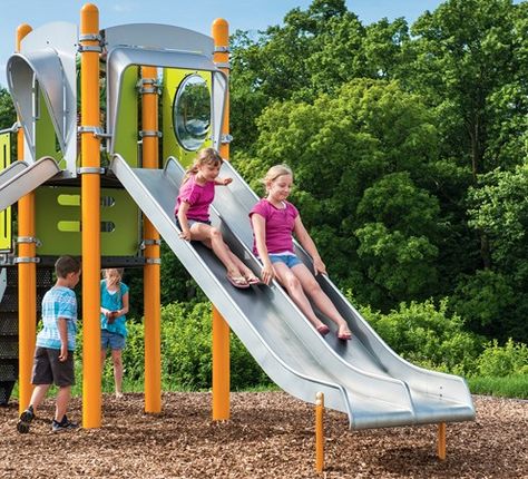 Stainless Steel Double Slide - Commercial Grade Stainless Steel Play Grounds For Kids, Playground Photography, Play Grounds, Children's Playground Equipment, Church Playground, Public Playground, Play Outdoor, Commercial Playground, Playground Slide