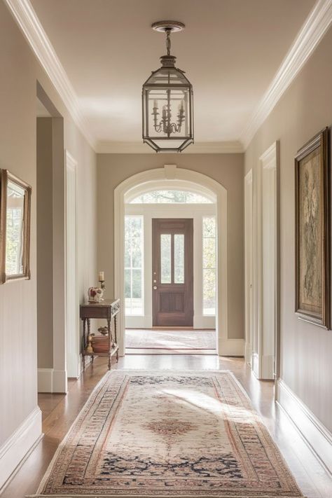 Welcome guests with a stylish and inviting neutral entryway. Combine soft hues of beige and white with natural wood elements for a warm and welcoming first impression. 🚪🌿✨ #NeutralEntryway #WelcomingSpaces #HomeDecor #FirstImpressions Hallway Ideas Beige, Beige Wall White Trim, Colors For Entryway, Neutral Hallway Ideas, Neutral Entryway, Dream House Vision Board, Art Deco Hallway, Entry Inspiration, New House Design Ideas