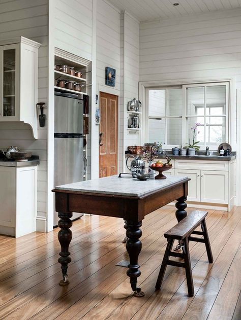 French Dairy Table, Historic House Renovation, Coloured Kitchens, Kitchen Table Island, Marble Kitchen Table, Pantry Island, Small Modern Cabin, Kitchen Island Bench, Island Table