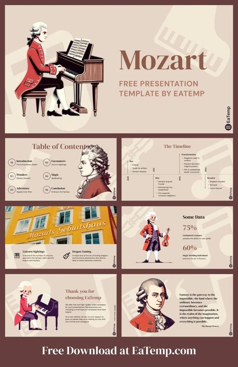 Mozart 13 Ppt Template Design, Musical Theme, Google Slides Theme, Project Presentation, Powerpoint Background Design, Retro Film, Business Templates, Google Slides Themes, Template Google