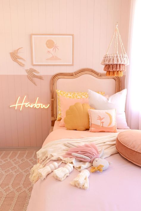 Leather Bedhead, Rattan Bedhead, Sister Room, Mermaid Room, Toddler Girl Room, Leather Headboard, Girly Room, Toddler Rooms, Home Inspo