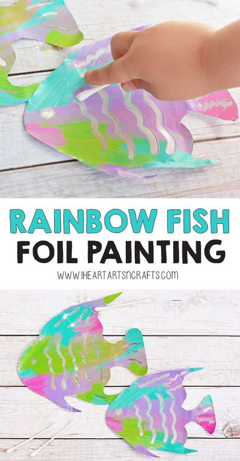 Fine Motor Rainbow Fish Foil Painting Activity Rainbow Fish Activities, Rainbow Fish Crafts, Foil Painting, The Rainbow Fish, Fish Activities, Art Project For Kids, Ocean Activities, Project For Kids, Sea Crafts