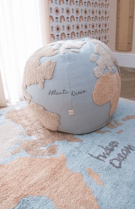 Lorena Canals Pouffe - World Map - The Modern Nursery Maileg Doll House, Explorer Nursery, Round Play Mat, Map Rug, Kids Globe, Travel Theme Nursery, Travel Nursery, Bedside Crib, Dance Rooms