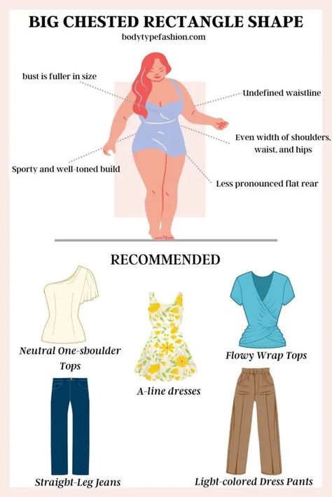 How to dress big chested rectangle shape Outfit Inspo Rectangle Body Shape, Rectangle Body Shape Fashion, Apple Body Shape Clothes, Body Type Clothes, Rectangle Body Shape Outfits, Apple Body Shape Outfits, Apple Shape Fashion, Casual Plus Size Outfits, Rectangle Body Shape